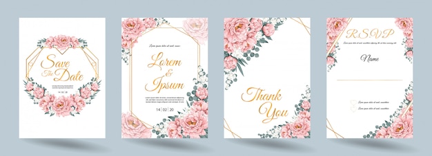 Tarjeta de invitación de boda con flores de rosa paeonia y marco dorado
