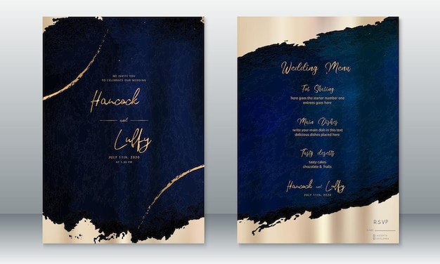 Tarjeta de invitación de boda con fondo azul oscuro