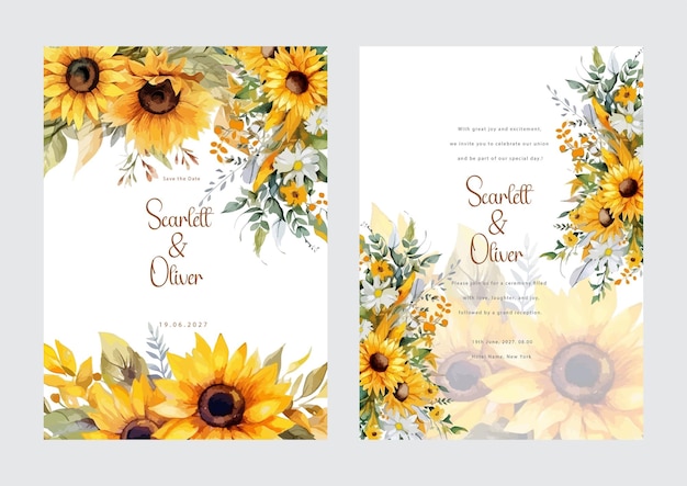 Vector tarjeta de invitación de boda de girasol amarillo con decoración floral de acuarela y fondo abstracto