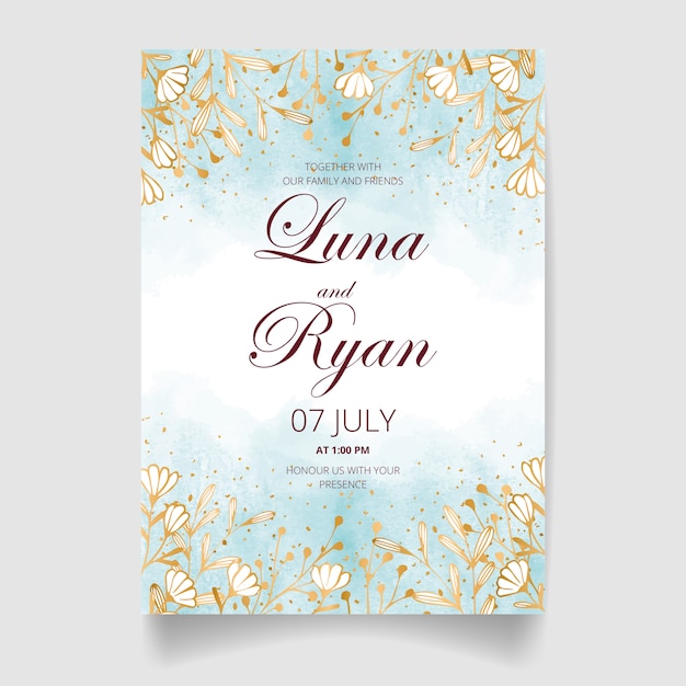 Tarjeta de invitación de boda, guardar la fecha con flores de acuarela, hojas y ramas.