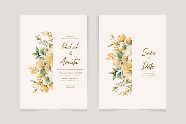 Tarjeta de invitación de boda guardar la fecha con flores doradas hojas y ramas