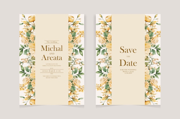 Tarjeta de invitación de boda guardar la fecha con flores doradas hojas y ramas