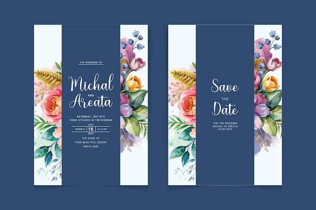 Tarjeta de invitación de boda guardar la fecha con flores doradas hojas y ramas