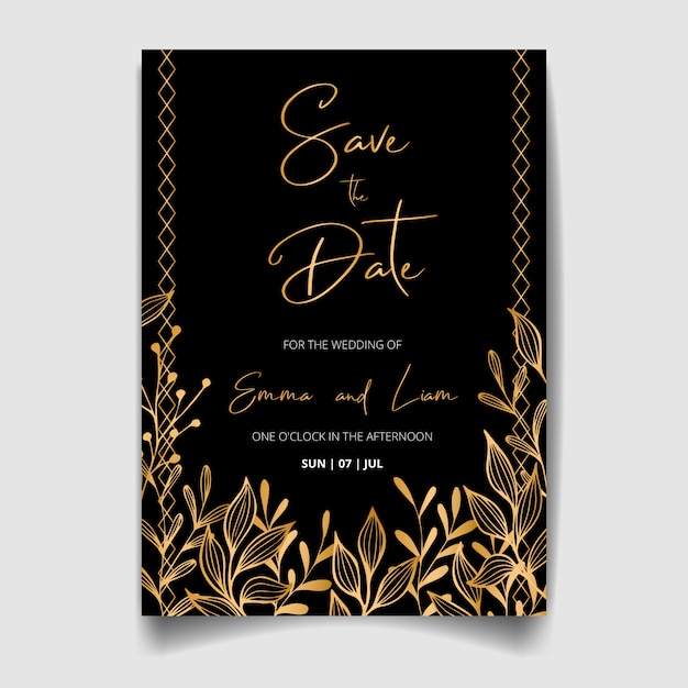 Tarjeta de invitación de boda, guarde la fecha con marco dorado, flores, hojas y ramas.