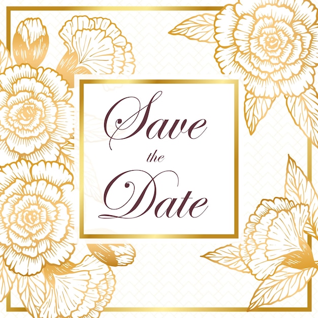 Tarjeta de invitación de boda, guarde la fecha con marco dorado, flores, hojas y ramas.