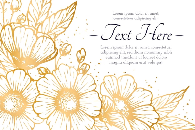 Tarjeta de invitación de boda, guarde la fecha con marco dorado, flores, hojas y ramas.