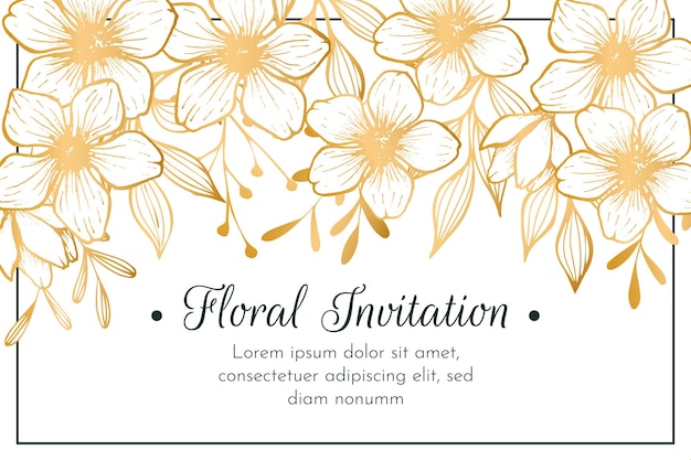 Tarjeta de invitación de boda, guarde la fecha con marco dorado, flores, hojas y ramas.