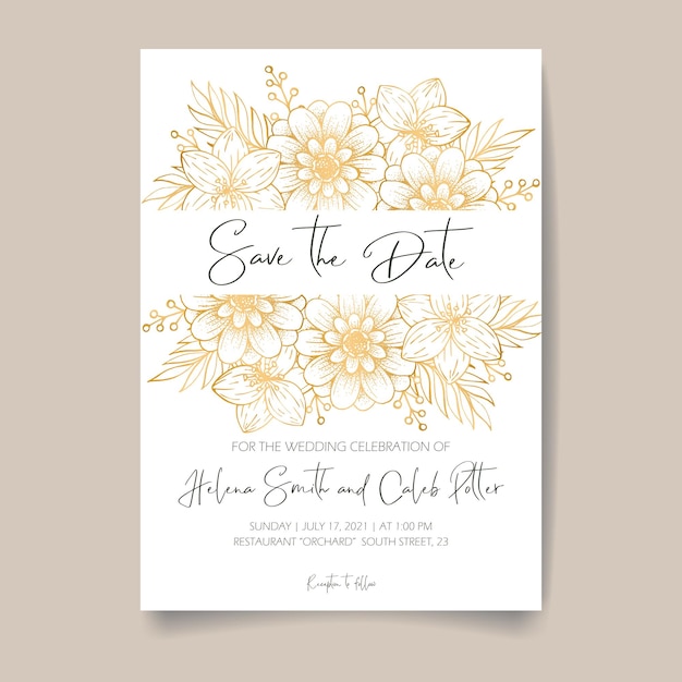 Tarjeta de invitación de boda, guarde la fecha con marco dorado, flores, hojas y ramas.