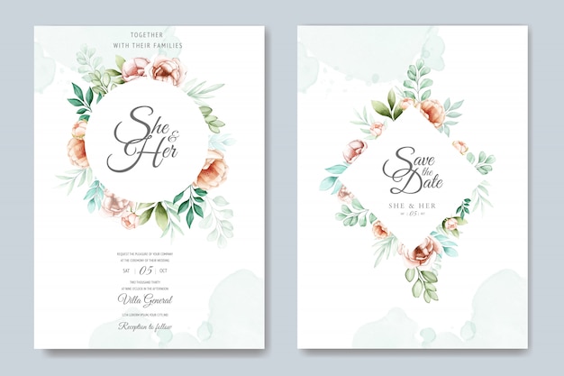 Tarjeta de invitación de boda con hermosa acuarela floral y hojas