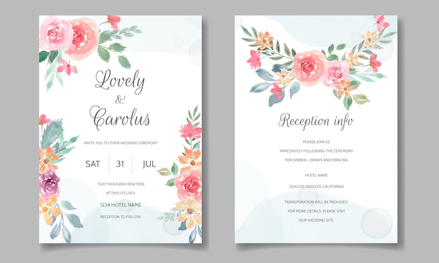 Tarjeta de invitación de boda con hermosa acuarela floral