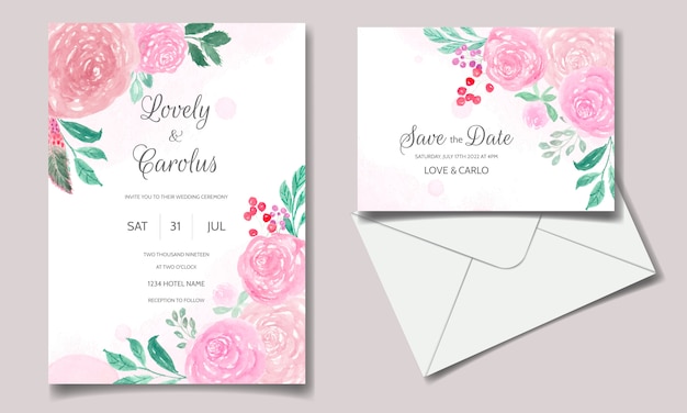 Tarjeta de invitación de boda con hermosa acuarela floral