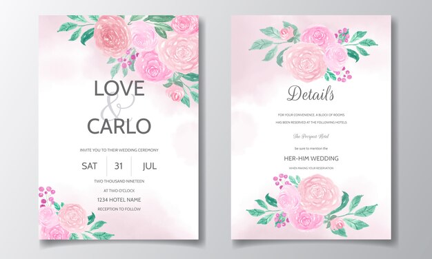 Tarjeta de invitación de boda con hermosa acuarela floral