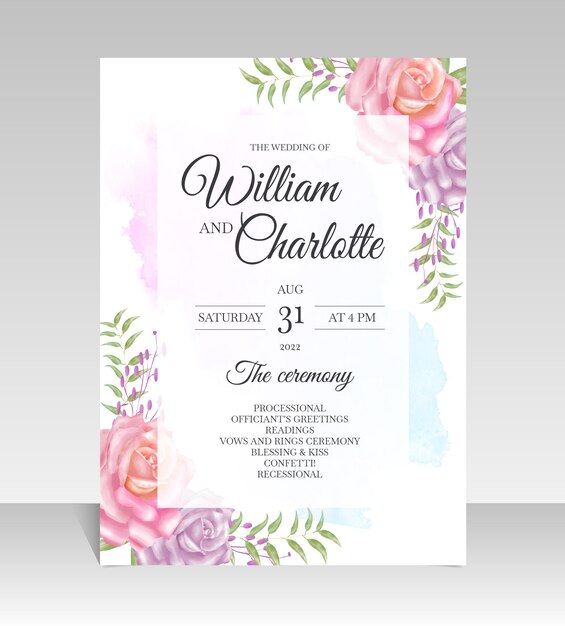 Tarjeta de invitación de boda hermosa acuarela rosas rosadas Vector Premium