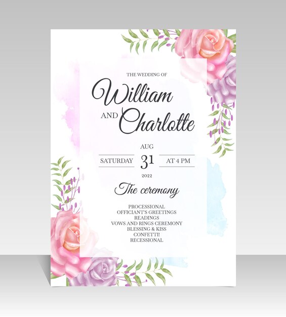 Vector tarjeta de invitación de boda hermosa acuarela rosas rosadas vector premium