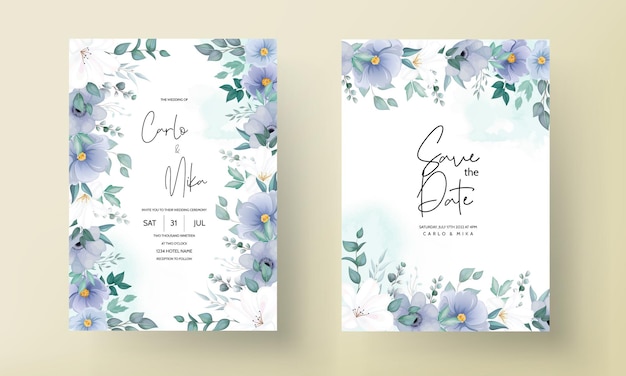 Tarjeta de invitación de boda hermosa con flor azul