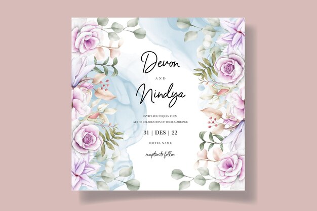 Vector tarjeta de invitación de boda hermosa flor morada acuarela