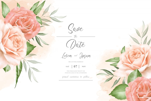 Tarjeta de invitación de boda hermosa con flores y hojas de acuarela