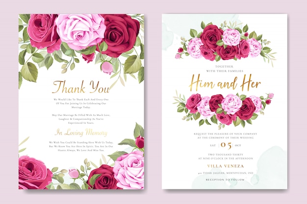 Tarjeta de invitación de boda hermosa con flores y hojas guirnalda