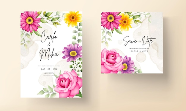 Vector tarjeta de invitación de boda hermosa mano dibujo acuarela flor