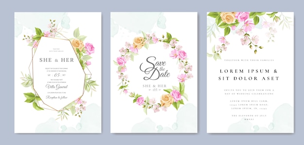 Tarjeta de invitación de boda con hermosa plantilla floral y hojas