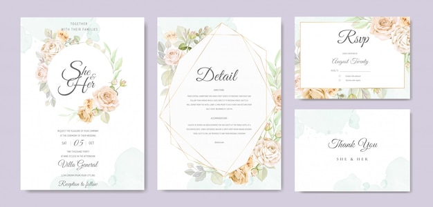 tarjeta de invitación de boda con hermosa plantilla floral y hojas