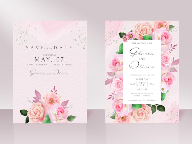 Tarjeta de invitación de boda con hermosa rosa rosa dibujada a mano