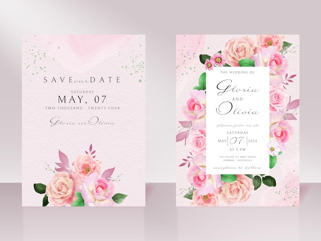 Vector tarjeta de invitación de boda con hermosa rosa rosa dibujada a mano