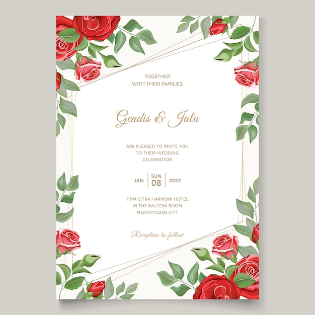 Tarjeta de invitación de boda hermosa rosas dibujadas a mano