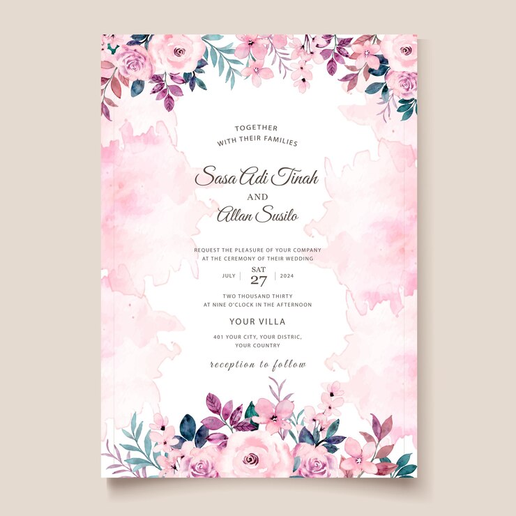 Tarjeta de invitación de boda con hermosas flores en flor