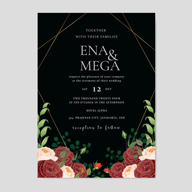 tarjeta de invitación de boda con hermosas flores hojas