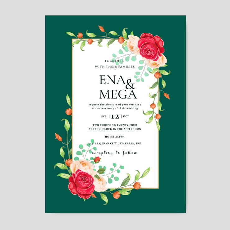 tarjeta de invitación de boda con hermosas flores hojas