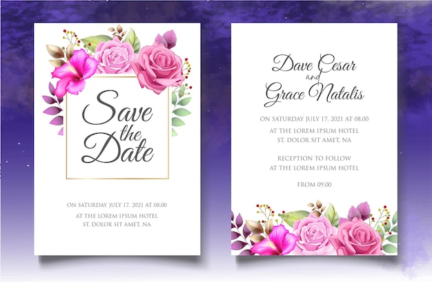 Vector tarjeta de invitación de boda con hermosas flores y hojas.