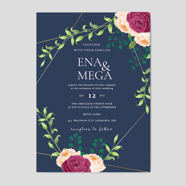 Tarjeta de invitación de boda con hermosas flores rosas hojas