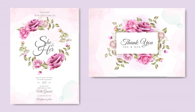 Tarjeta de invitación de boda con hermosas rosas y hojas