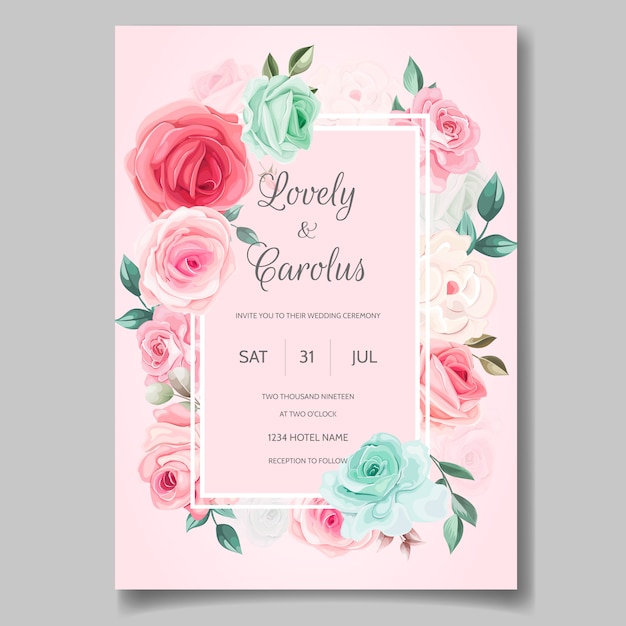 Vector tarjeta de invitación de boda con hermosas rosas y hojas