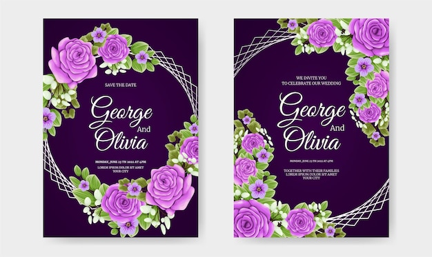 Tarjeta de invitación de boda con hermosas rosas púrpuras