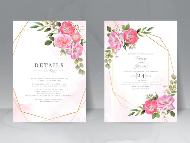 Tarjeta de invitación de boda con hermoso diseño de flores rosas