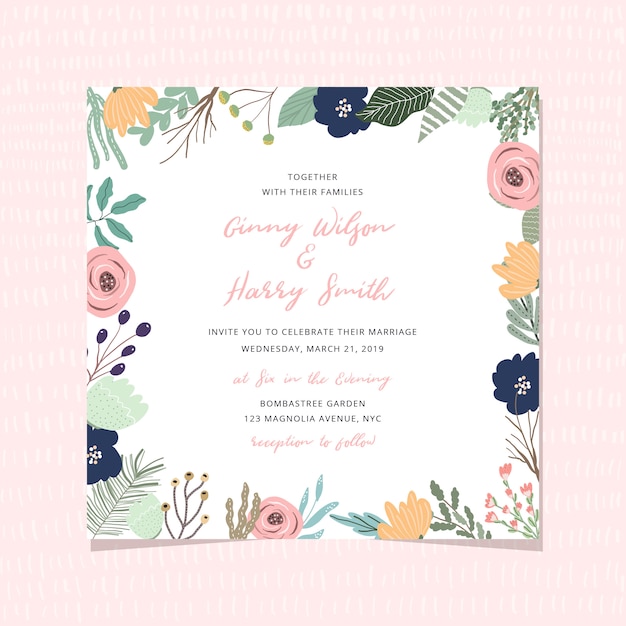 Tarjeta de invitación de boda con hermoso marco floral