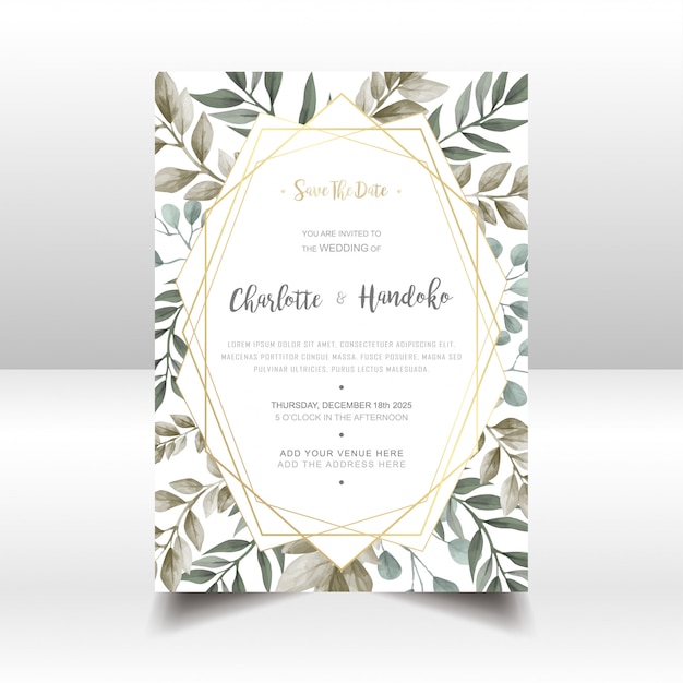 Tarjeta de invitación de boda con hojas de acuarela