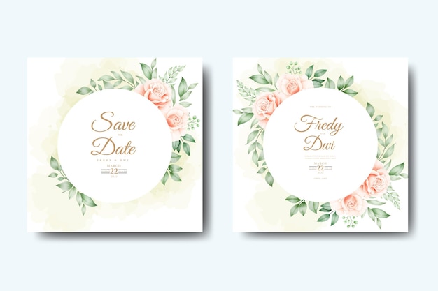 tarjeta de invitación de boda con hojas florales acuarela set