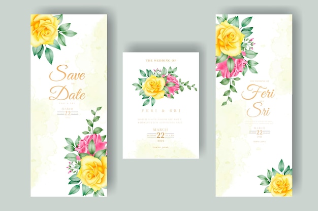 Vector tarjeta de invitación de boda con hojas florales acuarela
