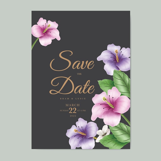 Tarjeta de invitación de boda con hojas florales acuarela