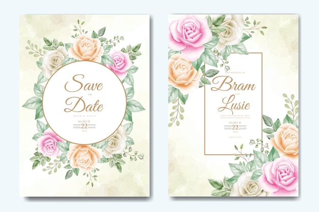 Tarjeta de invitación de boda con hojas florales acuarela