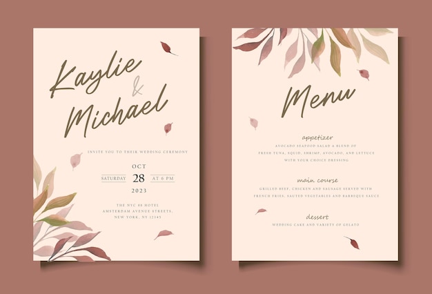 Tarjeta de invitación de boda con hojas de follaje de acuarela