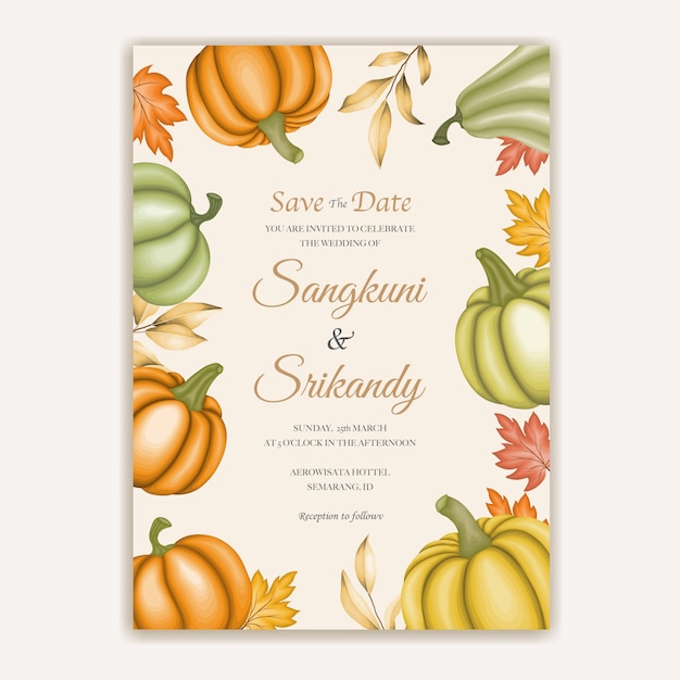 Tarjeta de invitación de boda con hojas de otoño