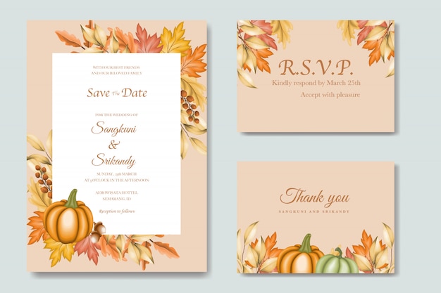 Tarjeta de invitación de boda con hojas de otoño