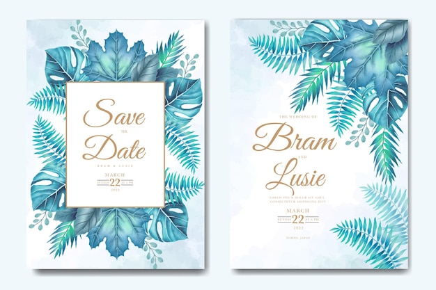 Vector tarjeta de invitación de boda con hojas tropicales acuarela