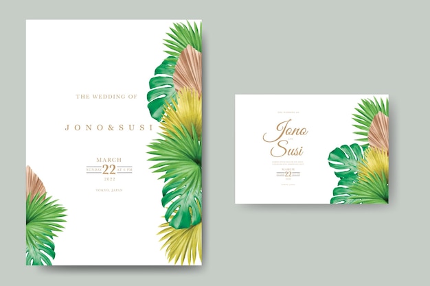 Tarjeta de invitación de boda con hojas tropicales