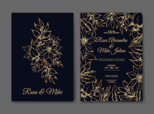 Tarjeta de invitación de boda con lujo floral de contorno de boceto dibujado a mano