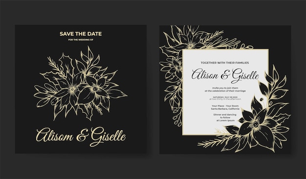Tarjeta de invitación de boda con lujo floral de contorno de boceto dibujado a mano